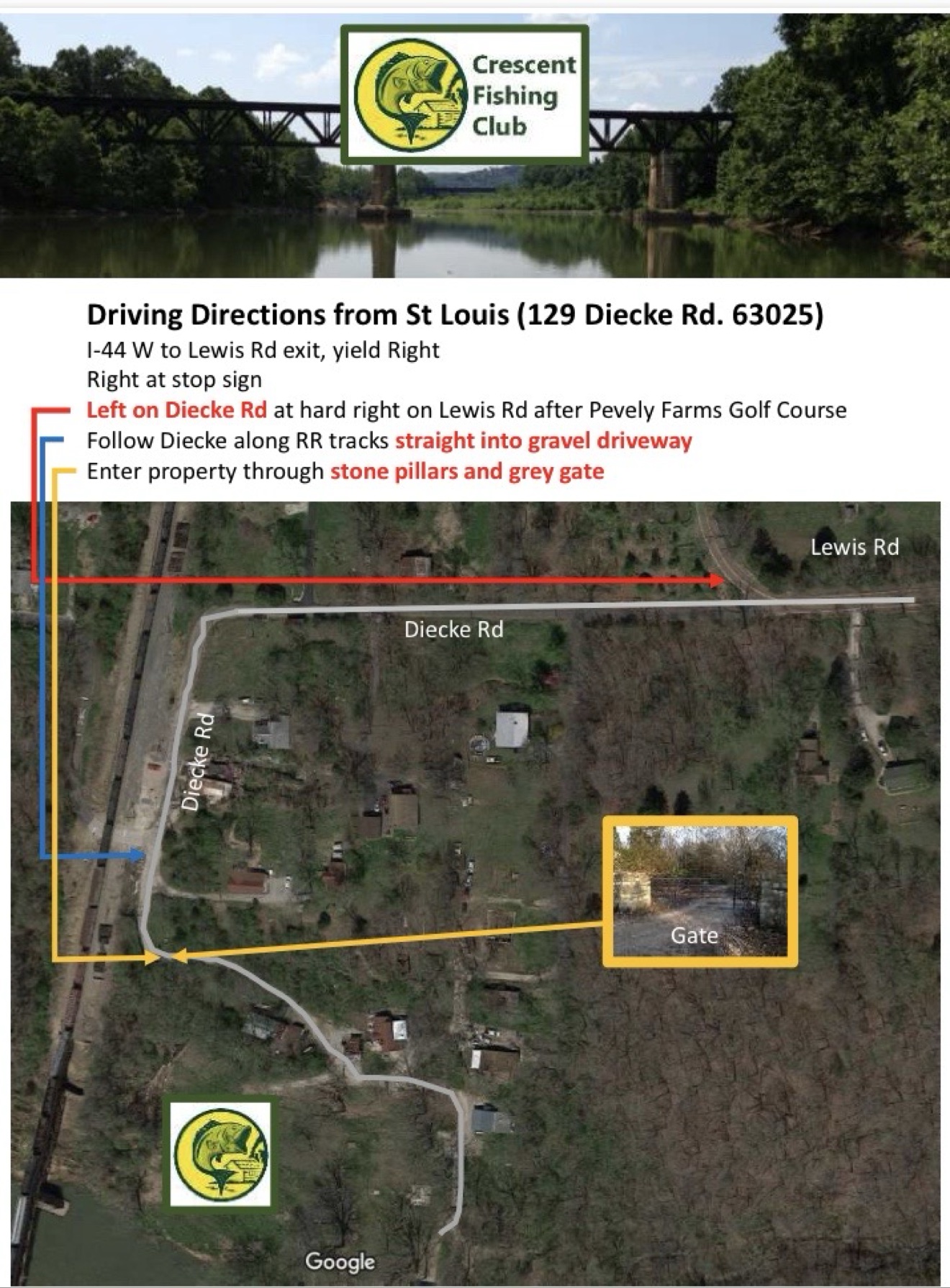 Annotated map with driving directions to Crescent Fishing Club
